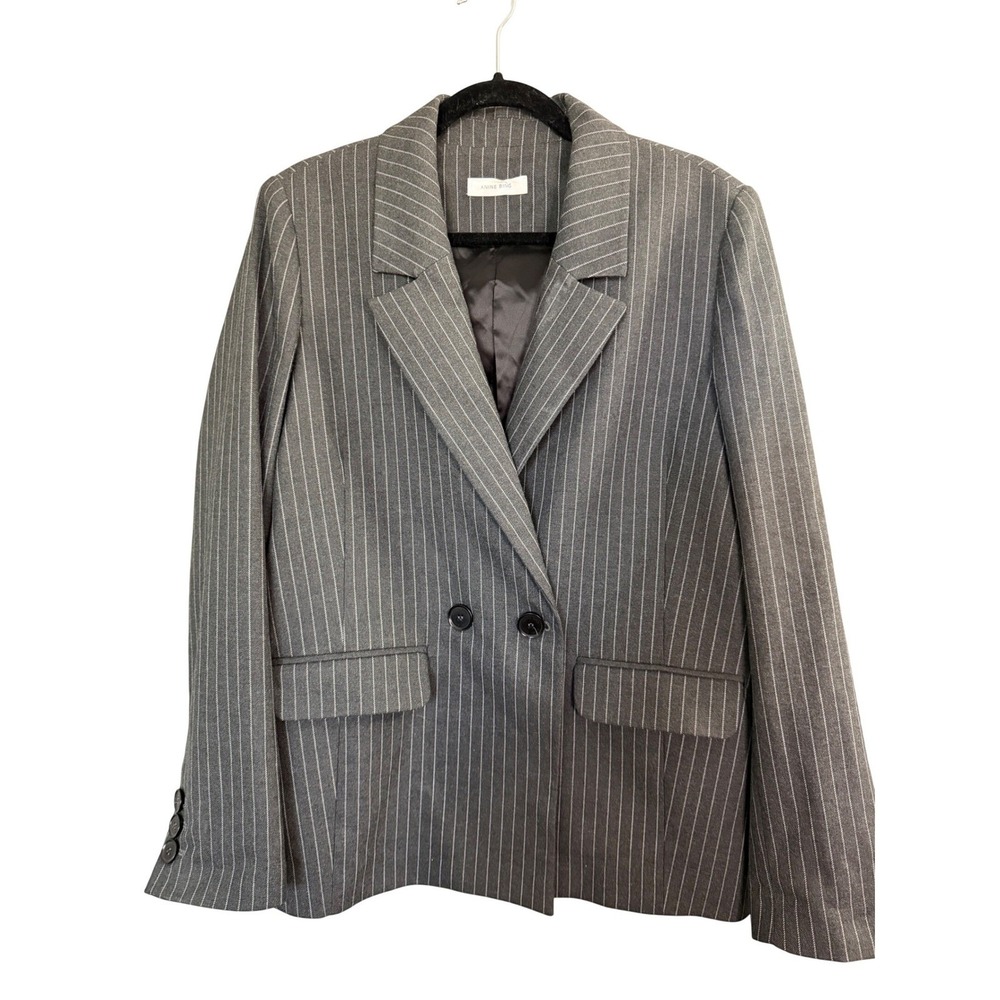 NWOT Anine Bing Pinstripe‎ Double Breasted Blazer L Gray Career Business Stretch